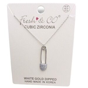 Fresh & Co Cubic Zirconia Safety Pin Necklace White Gold Dipped 15.5 17.5 Inch